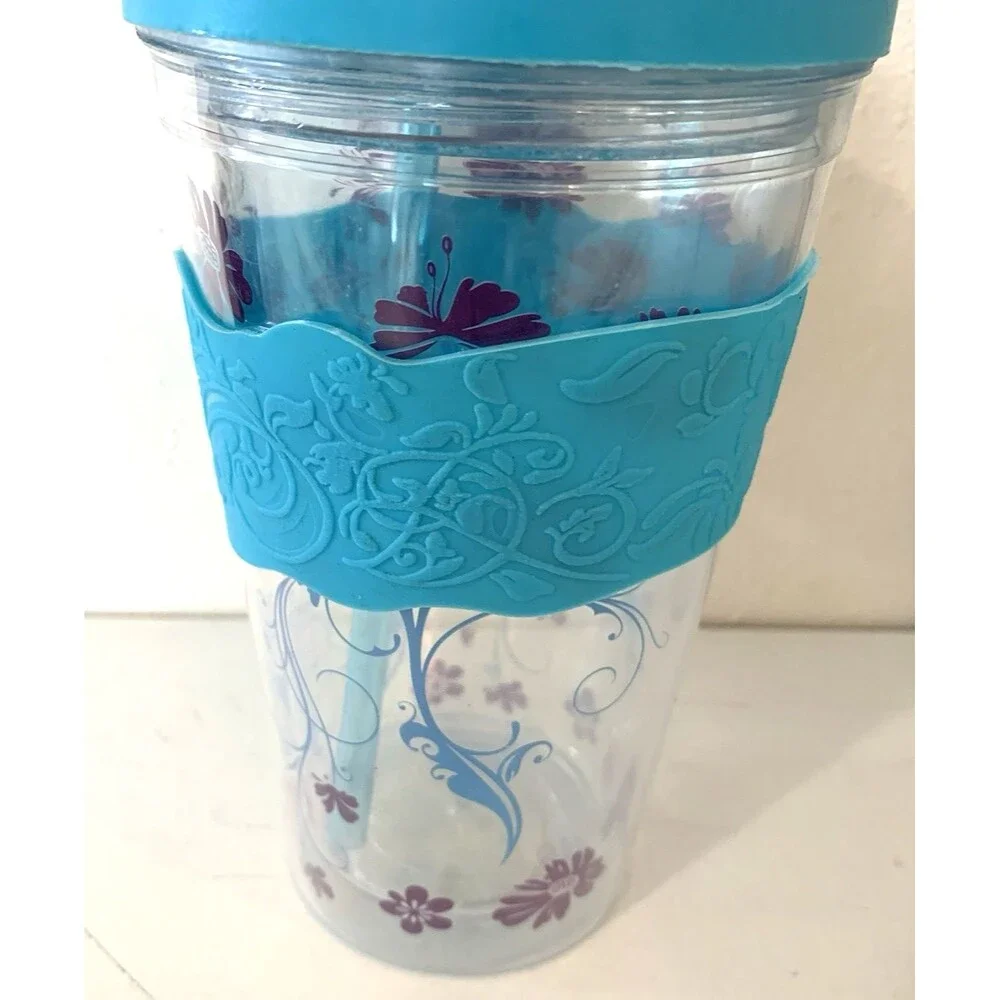 Double Wall Hot/Cold Tumbler 16.37 Fl Oz w/Straw Floral w/Protective Grip New